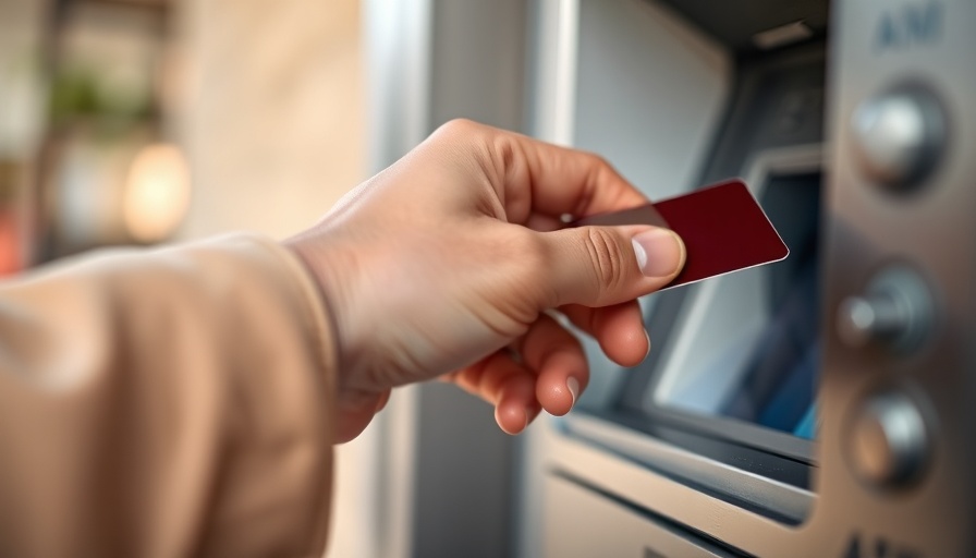 Close-up of hand using ATM card slot, card skimming prevention tips.