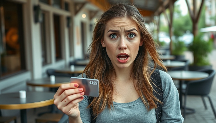 Shocked woman in outdoor cafe holding credit card, Taylor Swift Ticket Cyber Theft context