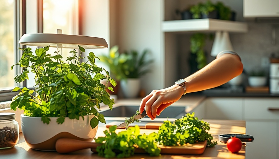 Modern kitchen with AeroGarden and person slicing herbs, bright sunlight.