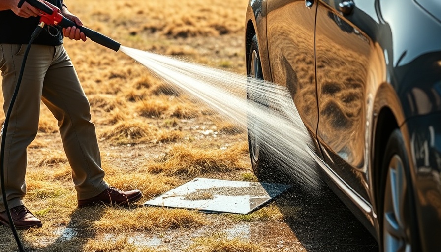 Gas pressure washer cleaning car outdoors, dry grass field.