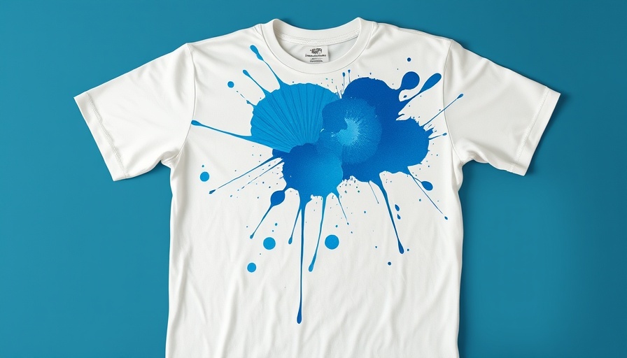 White t-shirt with blue splashes illustrating why clothes turn blue in the wash.