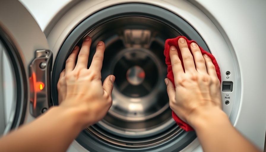 Hand cleaning a washing machine drum with a red cloth, clean washing machine.