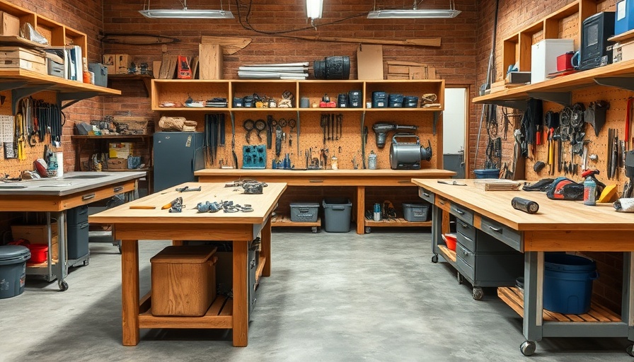 Organized workbenches for DIYers showcasing tools and storage.