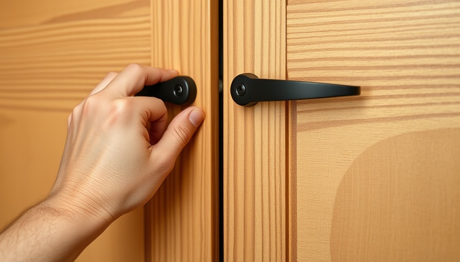 Hands installing black cabinet handles on wooden doors.