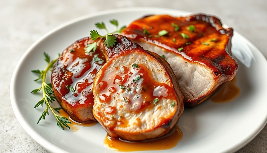 Juicy pork chops with Thai marinade recipe on elegant white plate.