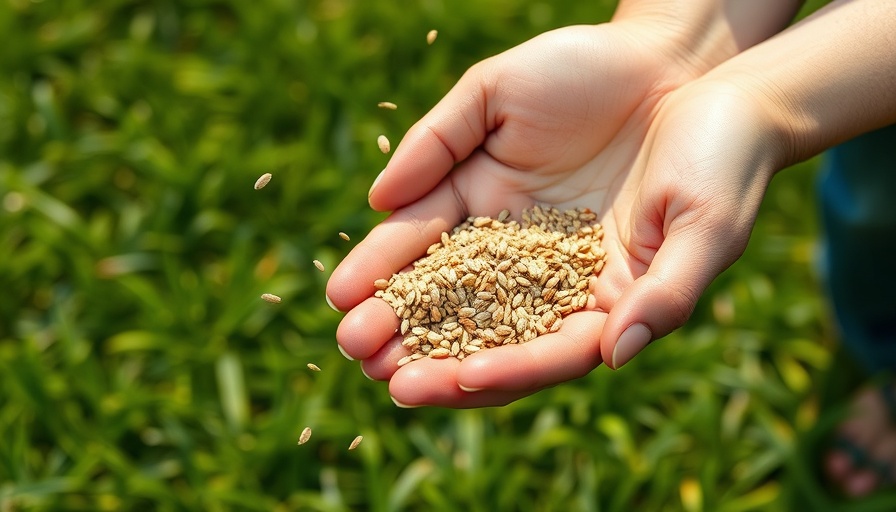 Close-up of hands sprinkling grass seeds over green lawn.