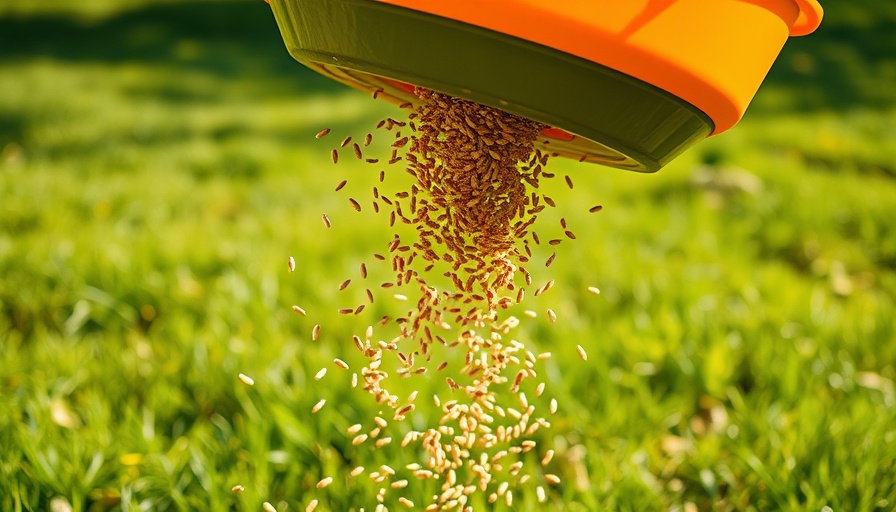 Handheld seed spreader scattering seeds on lawn, showing how to overseed a lawn.