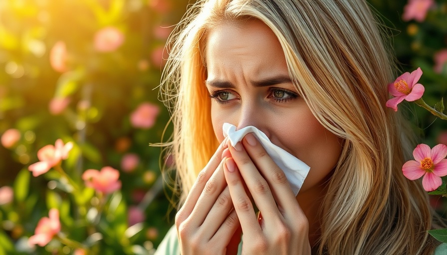 Woman with allergies amidst blooms during 2025 Spring Allergy Season.