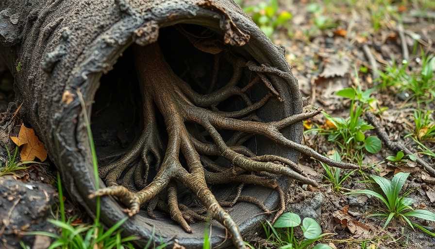 Intricately damaged sewer pipe with roots showing invasive damage outdoors.