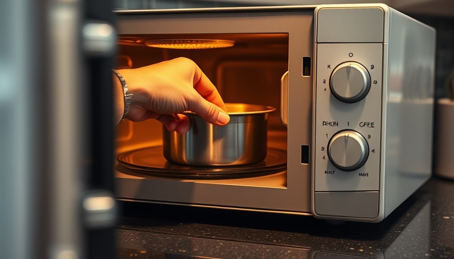 Hand placing metal in microwave, kitchen setting.
