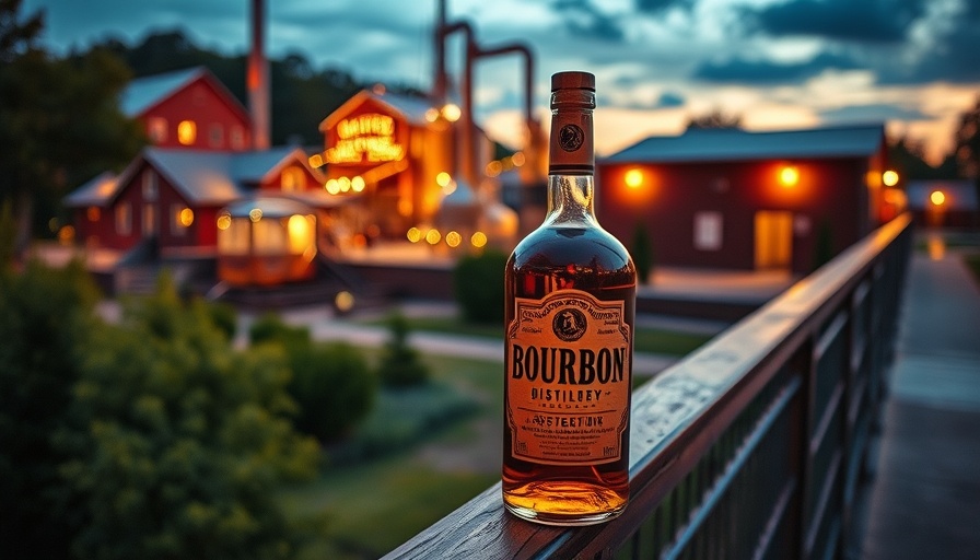 Rustic bourbon bottle at outdoor distillery celebrating National Bourbon Day.