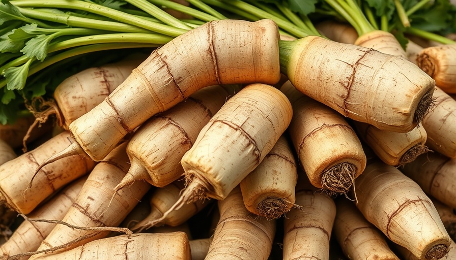 Fresh horseradish roots piled up close-up.
