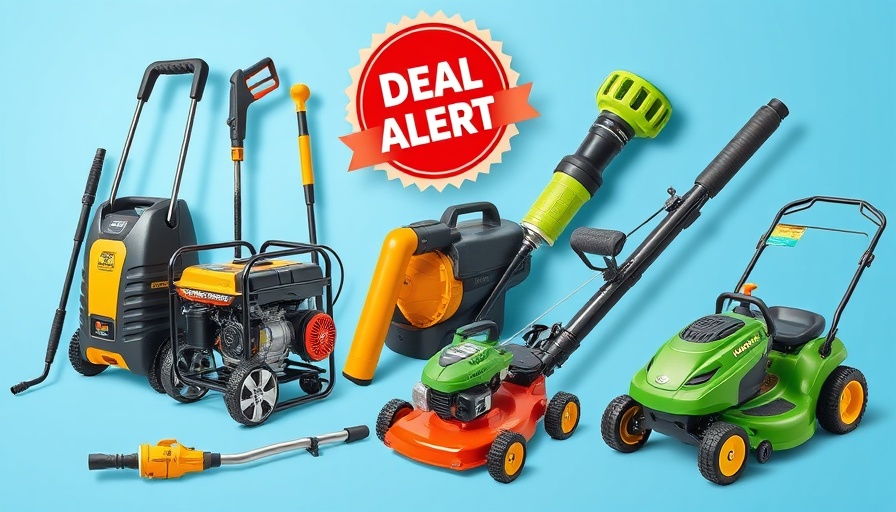 Amazon Prime Day outdoor power equipment deals with various tools displayed.