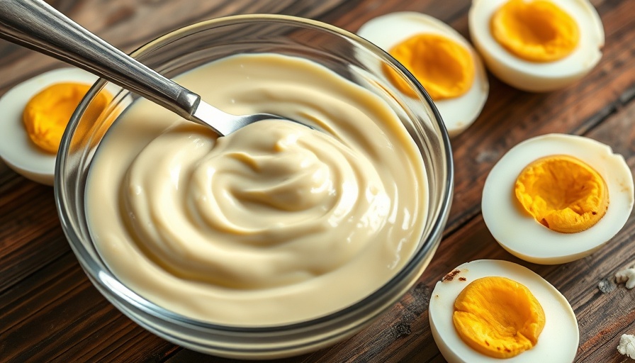 Easy homemade mayo recipe with creamy texture beside boiled eggs.