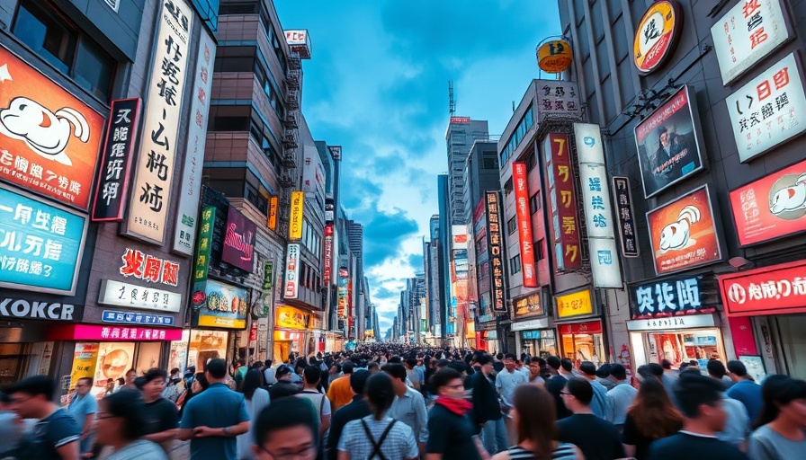 Bustling Tokyo street scene at twilight with neon lights.