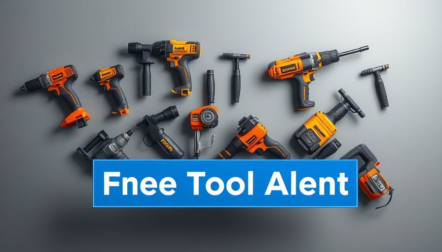 Power tools on a gray background with free tool alert sign, July 2025.