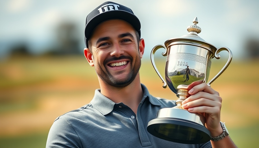 Smiling golfer holding trophy at golf course, symbolizing Scottie Scheffler's dominance.