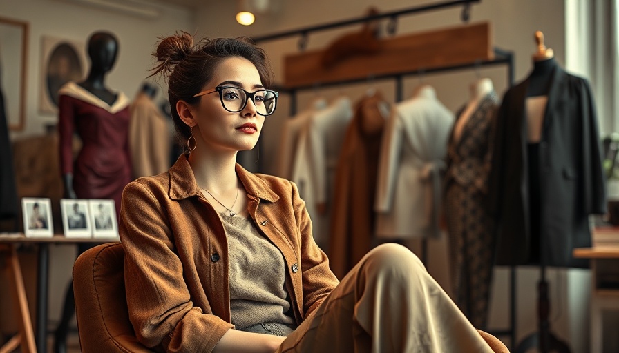 Woman in glasses seated in a design studio with fashion elements.