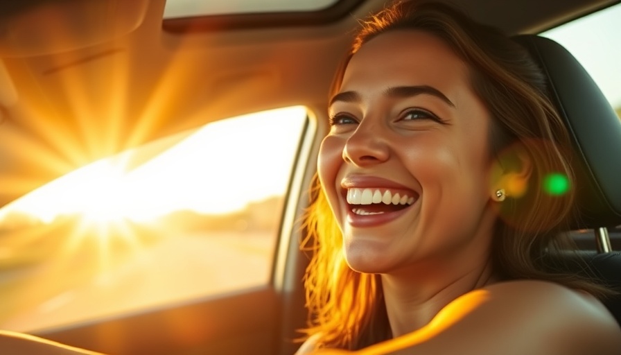 Joyful woman enjoying a road trip, smiling at sunset.