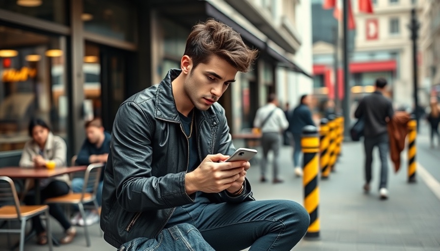 Young man using smartphone outside a cafe, highlighting e-commerce trends.