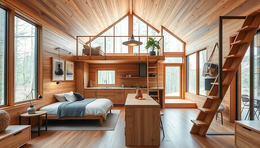 Modern small house interior with loft and forest view.