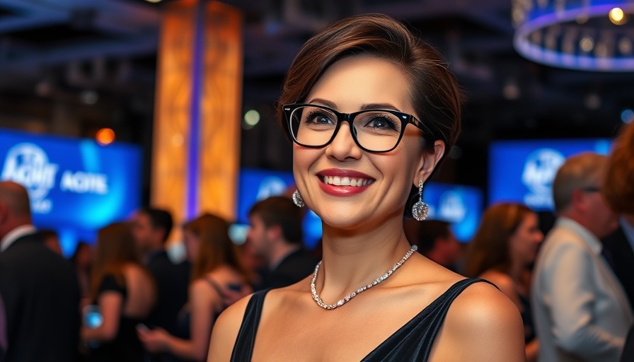 Elegant woman at event in blue-themed setting, smiling confidently.