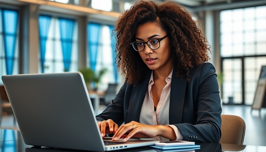 Businesswoman using laptop for startup name generator in modern office.