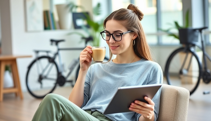 Leah Crump Be Well Do Well young woman drinking coffee in office.