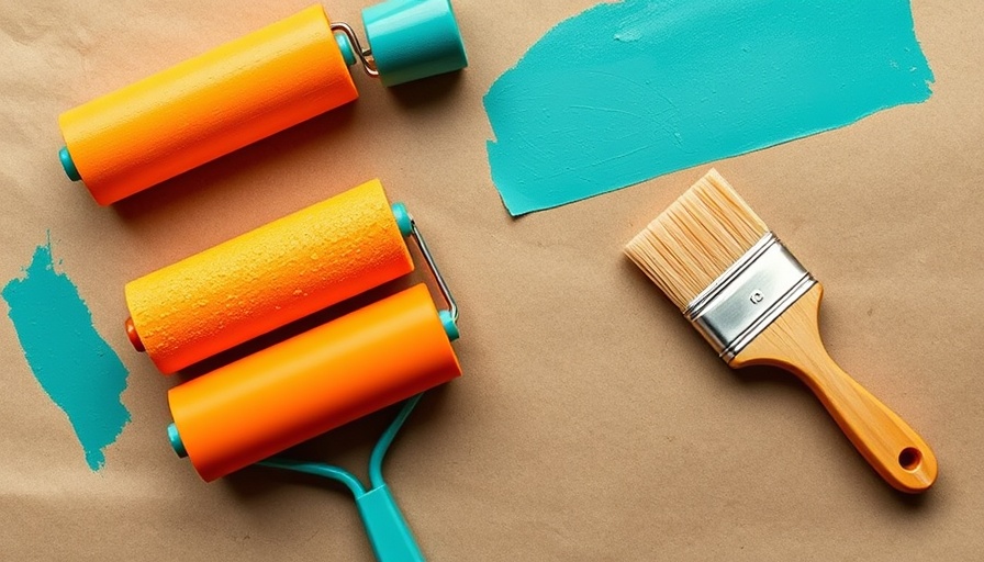 Painter's tape roller setup with paint tools on paper background.
