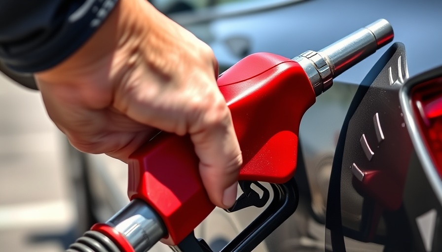Close-up of hand with red nozzle at gas pump.