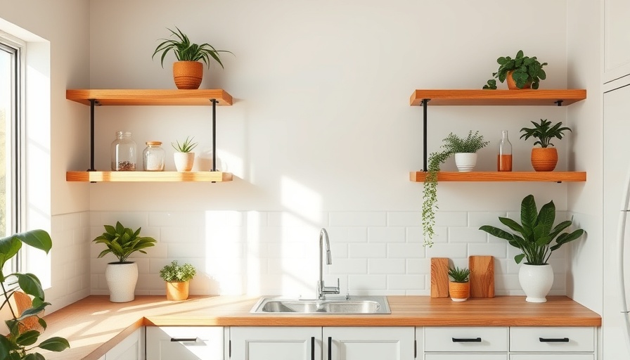 Stylish kitchen upgrades on a budget with wooden shelves and plants.