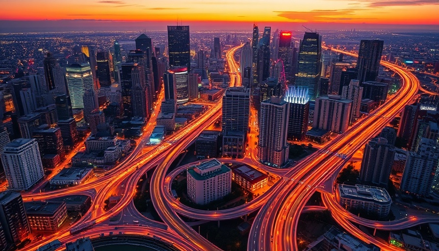 Vibrant cityscape depicting strategic readiness in indirect tax under a sunset sky.