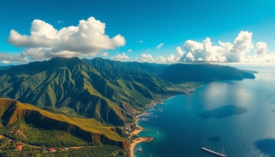 Aerial view of Hawaiian coastline with sailboats and mountains.
