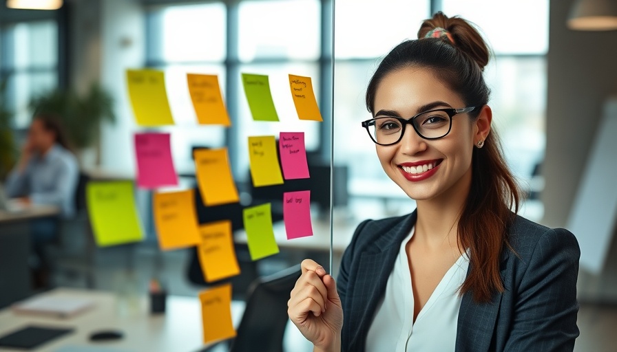 Young woman smiling at sticky notes in office, illustrating onboarding process for new employees.
