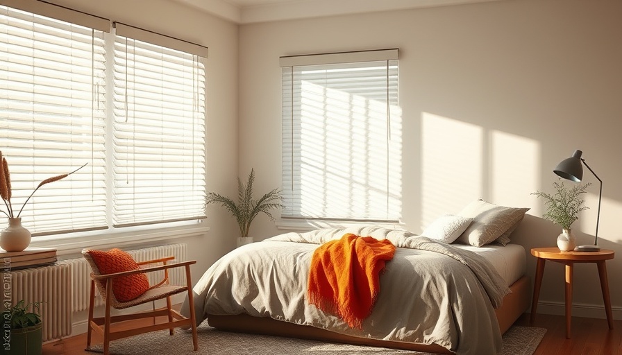 Stylish bedroom featuring energy-efficient shades and modern decor.