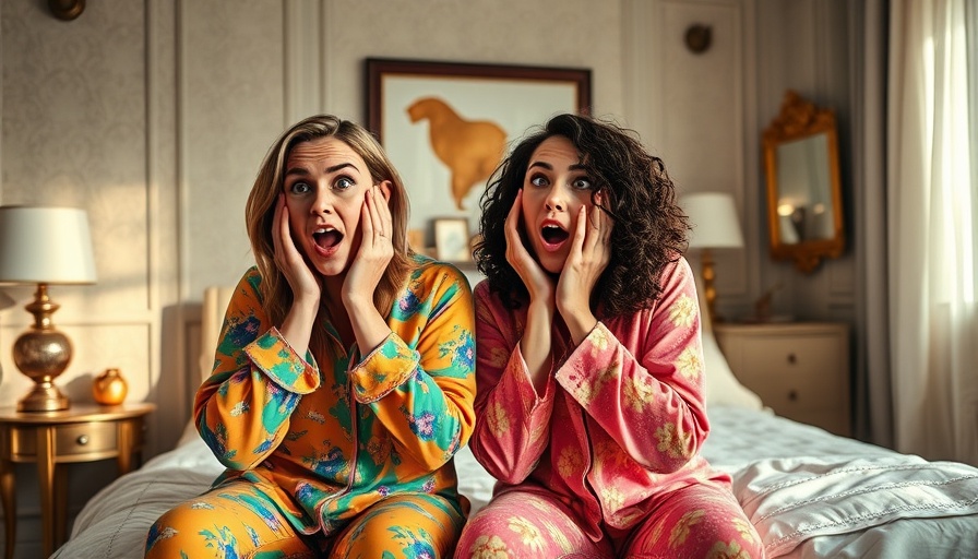 Two surprised women in pajamas, hands on cheeks, in a bedroom discussing cosmetic procedures in film.