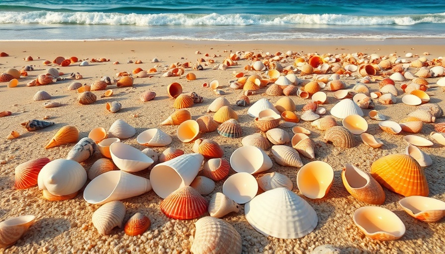 Seashells from Tinian Island on sandy beach with ocean waves.