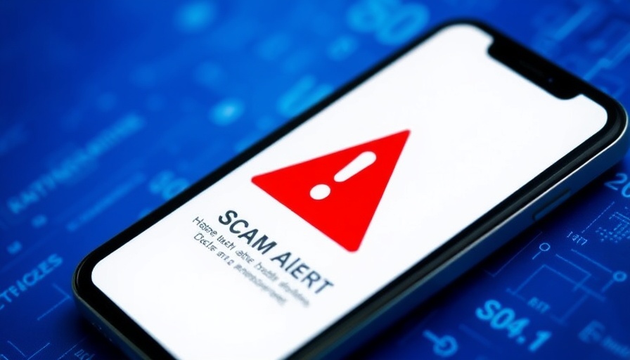 Warning sign over scam text message on phone screen.