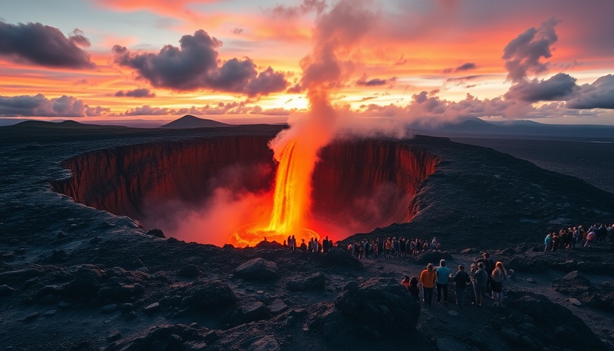 Iceland Volcano Tourism: Tourists watch lava erupt under sunset.