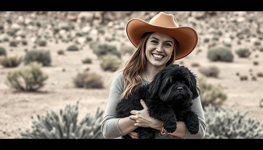 Smiling woman in cowboy hat with a fluffy black dog in desert.