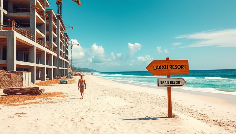 Pristine beach and construction site depicting a luxury development in Barbuda.