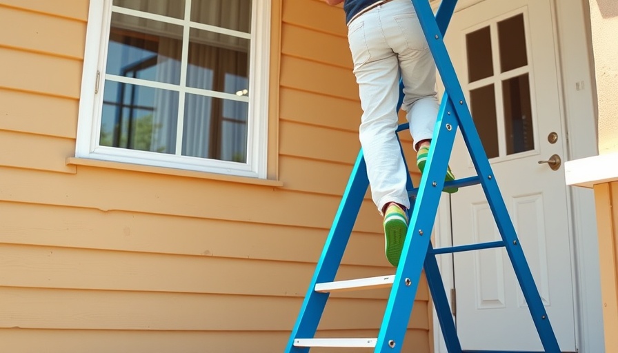 Person on a ladder safely using it on stairs at a house.