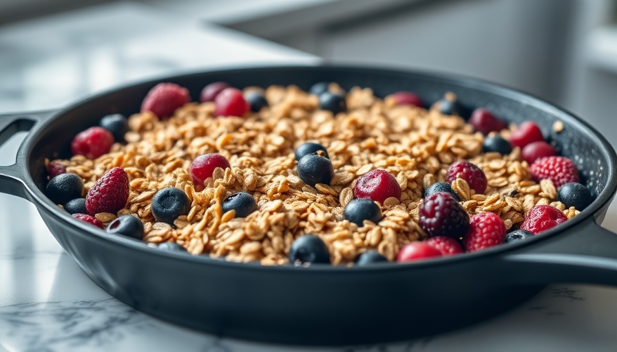 Summer berry stovetop crisp in a black skillet with oats.