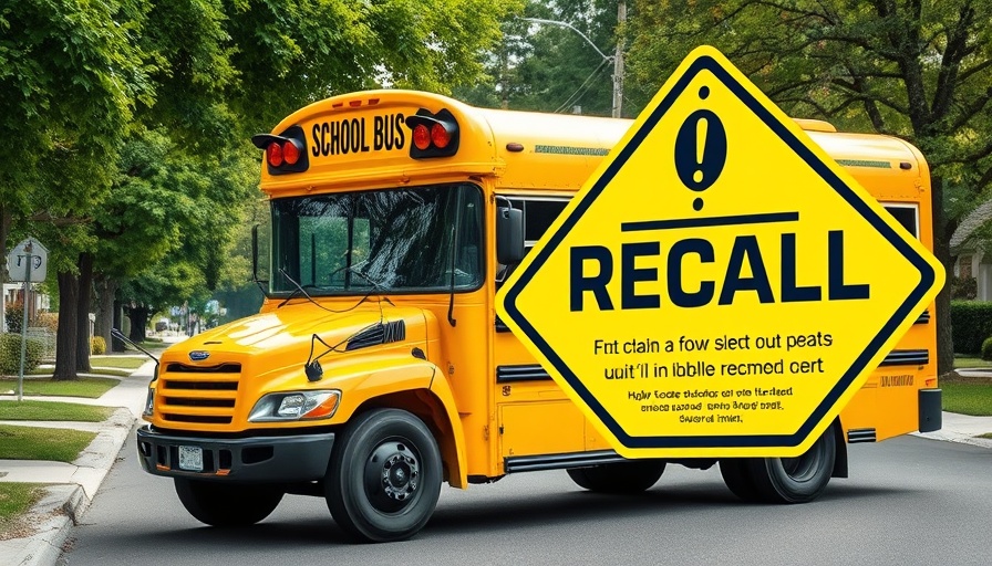 School bus recall fire risk warning with bright yellow bus and trees.