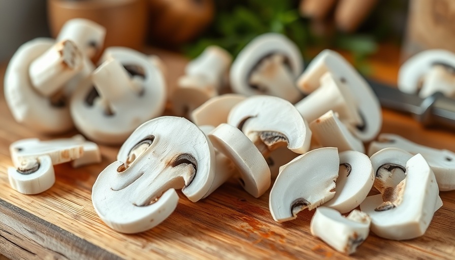 Sliced raw mushrooms on a wooden board, close-up.