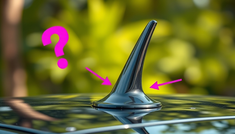 Intriguing shark fin antenna on a car roof with question marks.