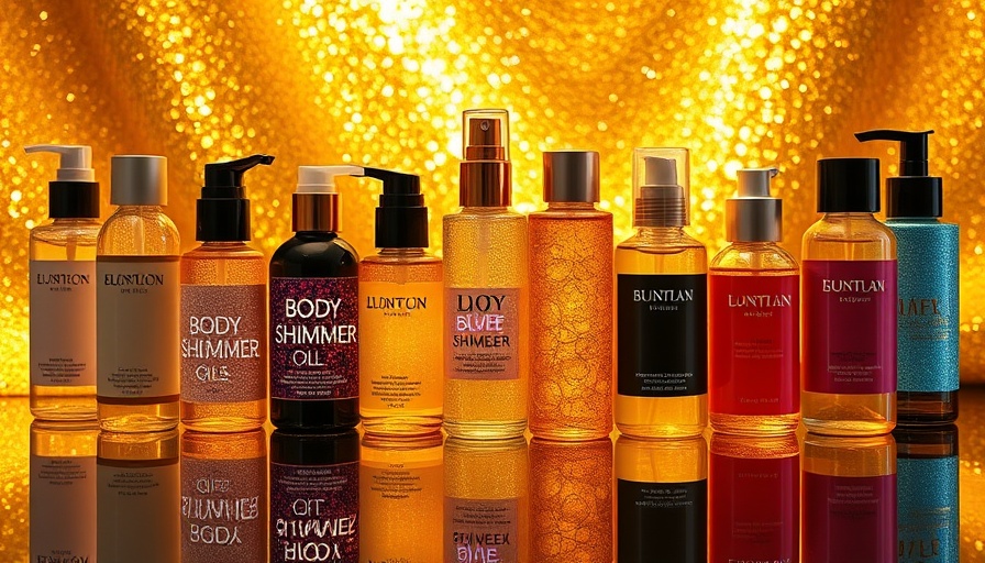 Luxurious body shimmer oils collection against a sparkling backdrop.