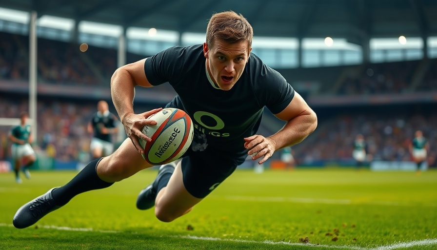 Rugby player scoring try in Argentina vs New Zealand match.