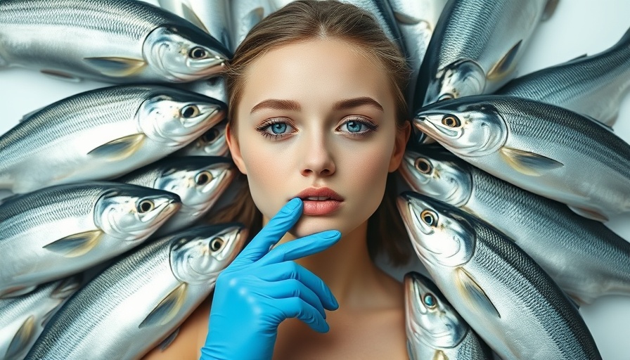 Surreal scene of woman with salmon, related to Salmon Sperm Facial.
