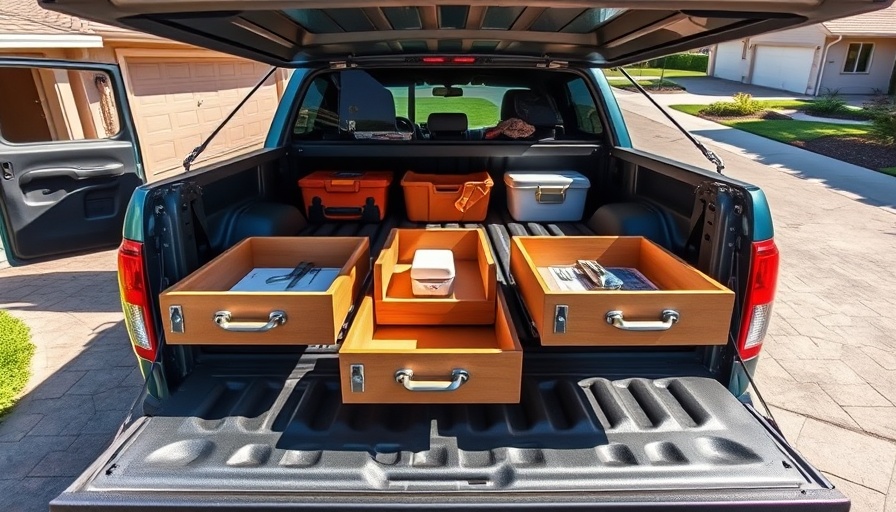 Organized truck bed storage drawers revealing tools and boxes.